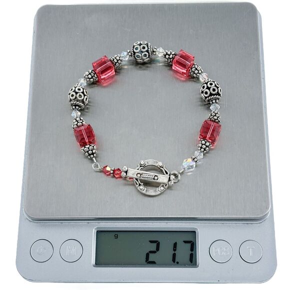 Vintage Sterling Silver 925 Pink Crystal Beaded Toggle Bracelet 7" - Picture 2 of 5